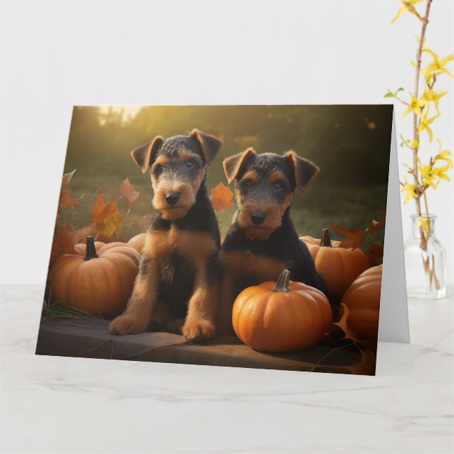 Carte Airedale chiot Automne Delight Pumpkin (Fleur jaune)