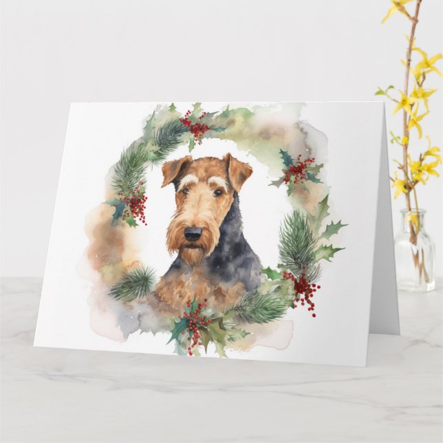 Carte Airedale Christmas Wreath Festive Pup (Fleur jaune)