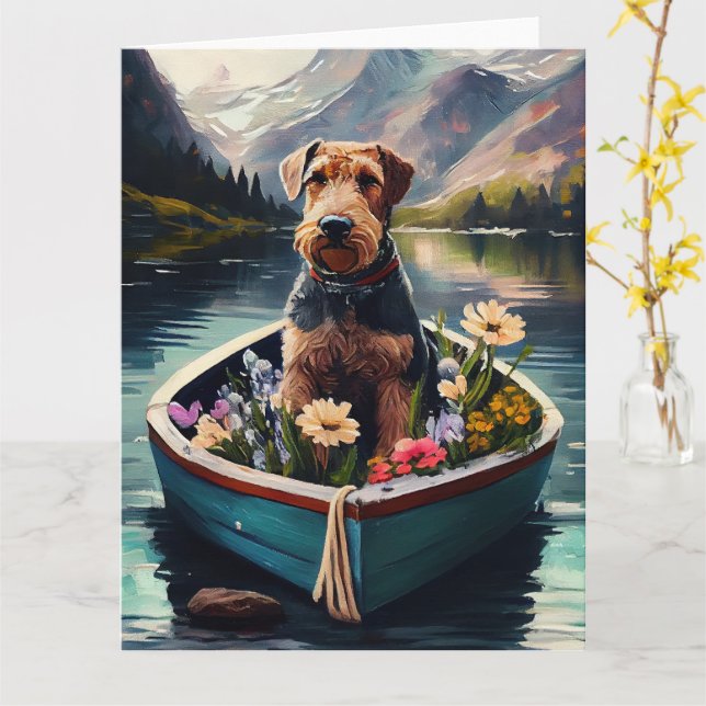 Carte Airedale Dog on a Paddle : Une aventure Pittoresqu (Fleur jaune)