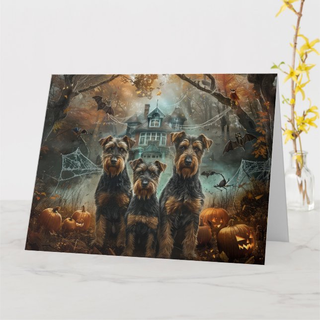 Carte Airedale Halloween nuit chien délice (Fleur jaune)
