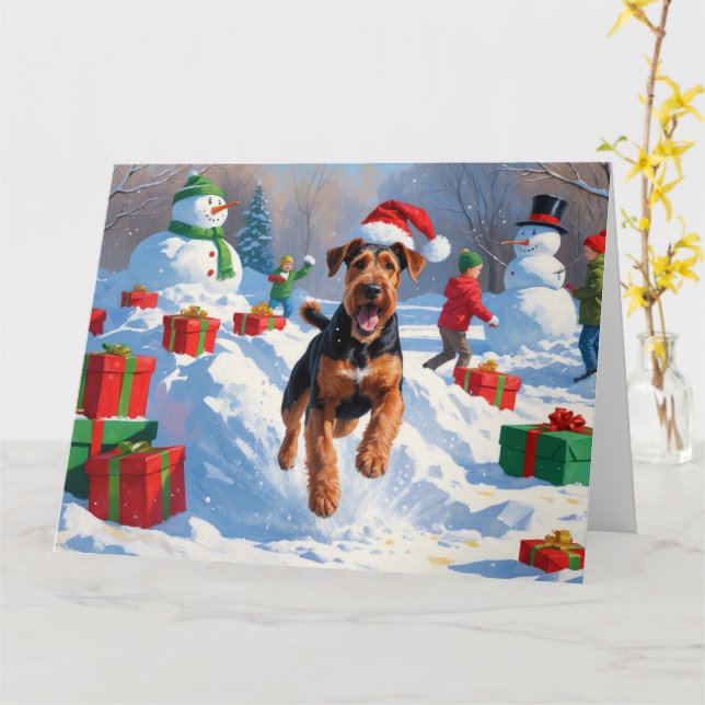 Carte Airedale Noël Festive Scène de neige (Fleur jaune)