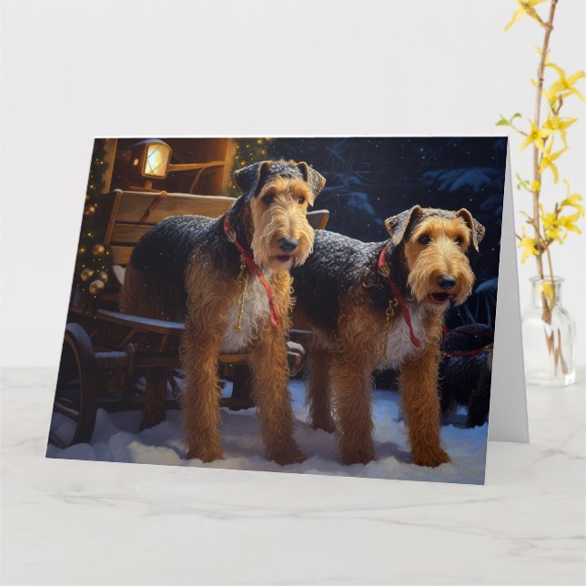 Carte Airedale Snowy Sleigh Ride Décor de Noël (Fleur jaune)