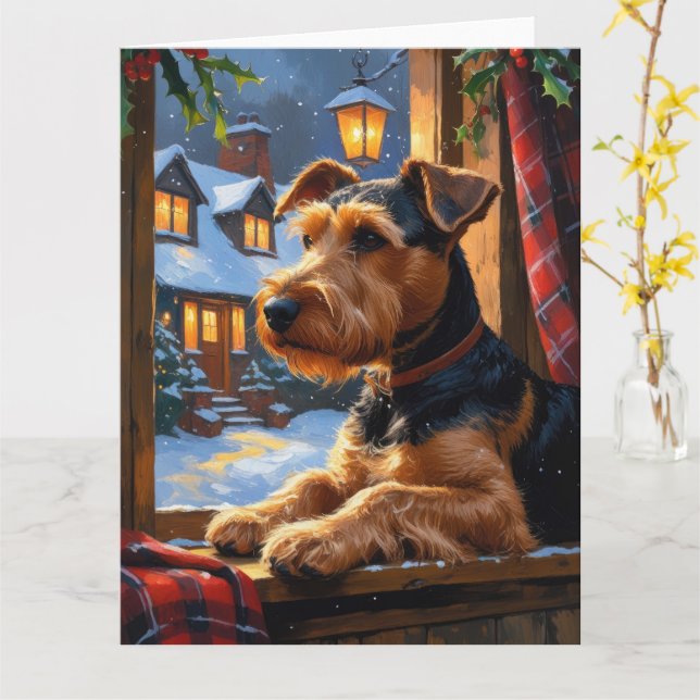 Carte Airedale Terrier Avec Les Lumières De Noël (Fleur jaune)