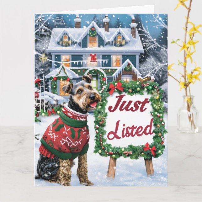 Carte Airedale Terrier Festive Humour Realtor Noël (Fleur jaune)