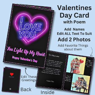 Carte Ajouter 2 Photo Neon Light Valentine Heart Love Po
