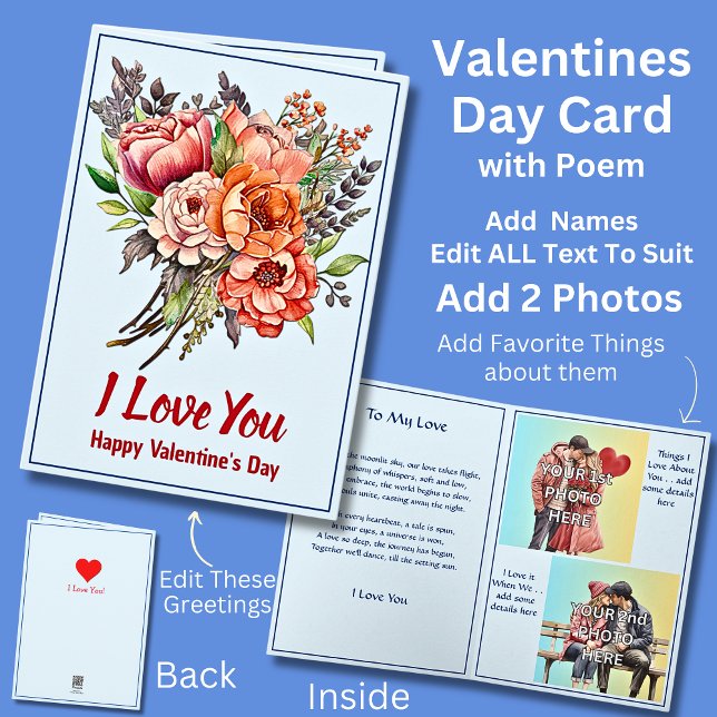 Carte Ajouter 2 Photo, Saint Valentin Bleu avec Poème d' (Créateur téléchargé)