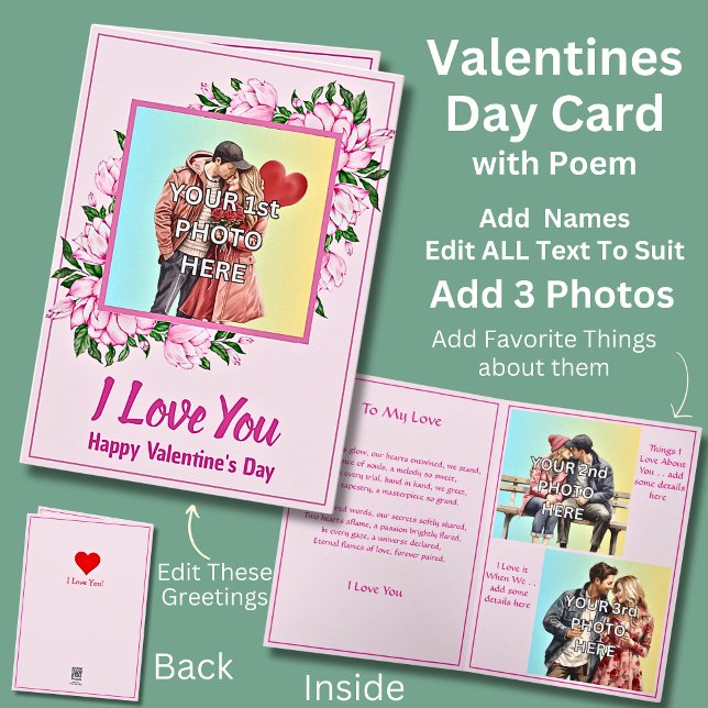 Carte Ajouter 3 Photo, Saint Valentin rose avec poème d' (Créateur téléchargé)