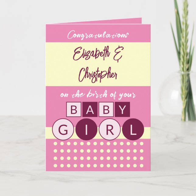Carte Ajouter des noms rose jaune nouveau bébé fille (Devant)