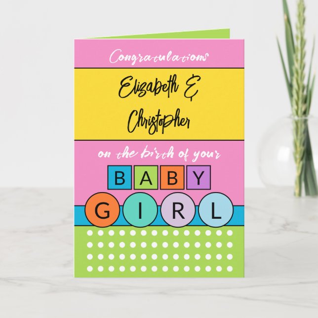 Carte Ajouter des noms rose vert nouveau bébé fille (Devant)