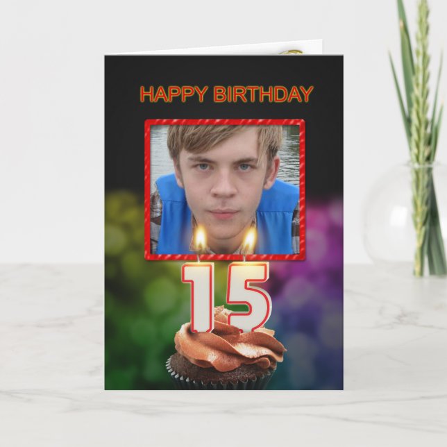Carte Ajouter une photo, 15e anniversaire avec gâteau et (Devant)