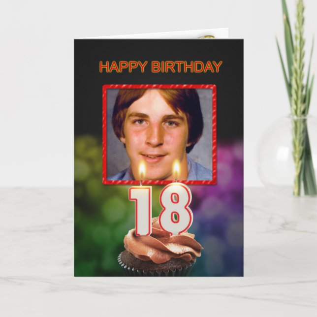Carte Ajouter une photo, 18e anniversaire avec gâteau et (Devant)
