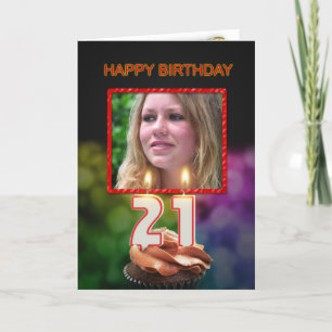 Carte Ajouter une photo, 21e anniversaire avec gâteau et