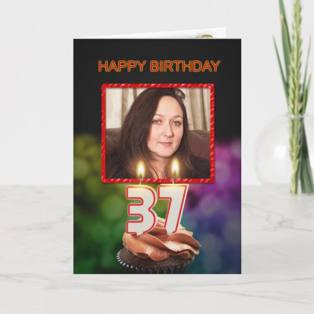 Carte Ajouter une photo, 37ème anniversaire avec gâteau  (Devant)
