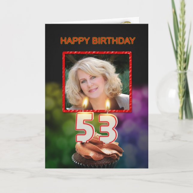 Carte Ajouter une photo, 53ème anniversaire avec gâteau  (Devant)