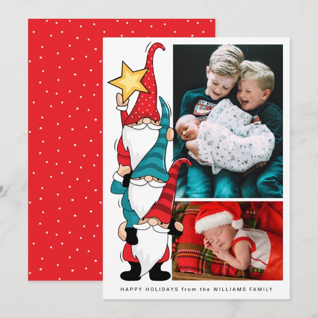 Carte AJOUTER VOS PHOTOS Gnomes Décoration Arbre (Devant / Derrière)