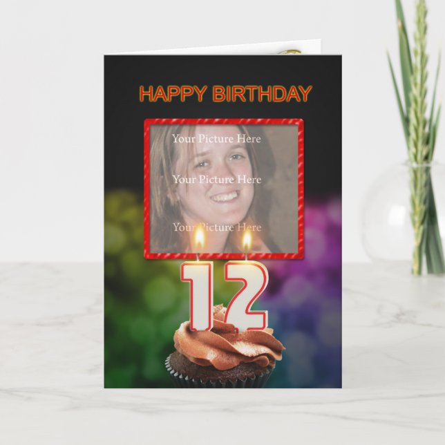 Carte Ajoutez une photo, 12ème anniversaire avec gâteau  (Devant)