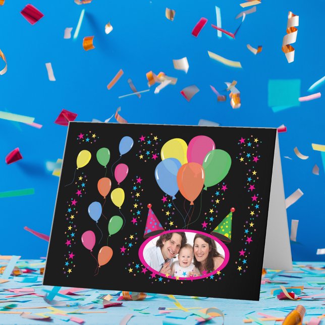 Carte Ajoutez votre propre photo à des Casquettes de par (Add Your Own Photo to Party Hats and Balloons Card)