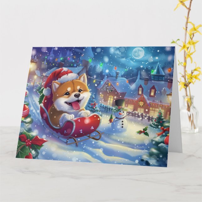 Carte Akita à Sleigh Noël de neige (Fleur jaune)