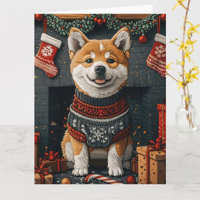 Carte Akita Chien avec des cadeaux de Noël cheminée (Fleur jaune)