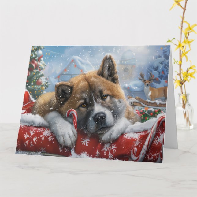 Carte Akita Chien Festive de Noël (Fleur jaune)