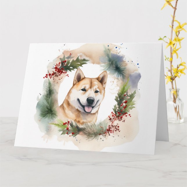 Carte Akita Christmas Wreath Festive Pup (Fleur jaune)