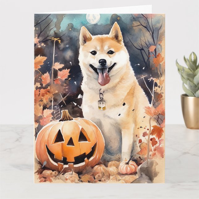 Carte Akita d'Halloween avec citrouilles effrayant (Petite plante)