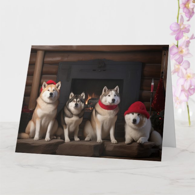 Carte Akita par le Noël de la cheminée (Orchidée)