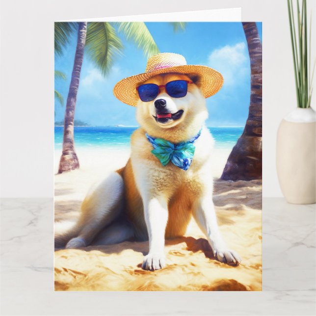 Carte Akita sur la plage, cadeau d'été pour les amoureux (Devant)