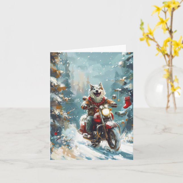 Carte Alaskan Malamute Dog équitation moto Noël (Fleur jaune)