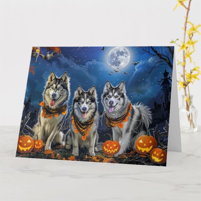 Carte Alaskan Malamute Halloween Éffrayant (Fleur jaune)