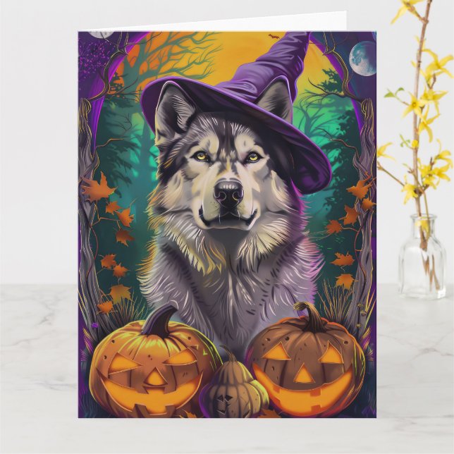 Carte Alaskan Malamute Halloween sorcière et Citrouille (Fleur jaune)