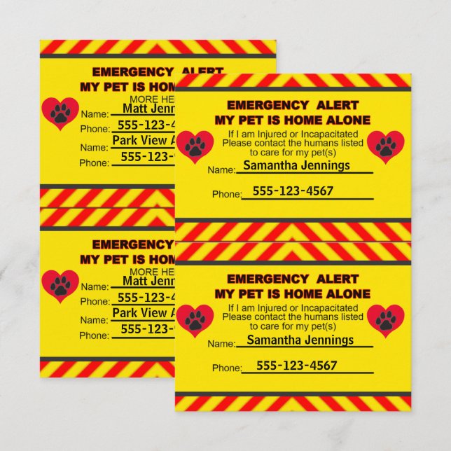 Carte Alerte d'urgence Mon animal de compagnie est la ma (Devant / Derrière)