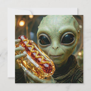 Carte Alien drôle tenant un hot-dog cristallin