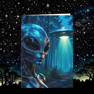 Carte Alien Metallic Futuristic Forest Scène Anniversair