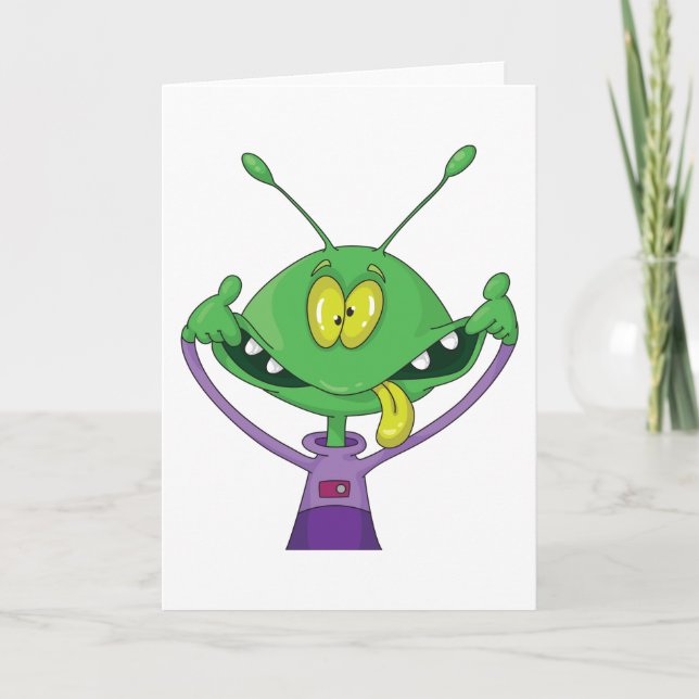 Carte Alien Vert Drôle Faisant une Grimace Ridicule (Devant)