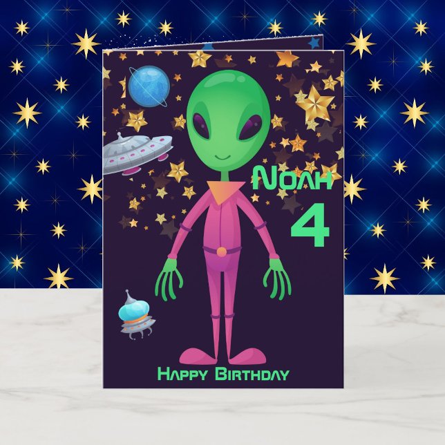 Carte Alien vert OVNI Ajouter un nom Age Anniversaire Ca (Créateur téléchargé)