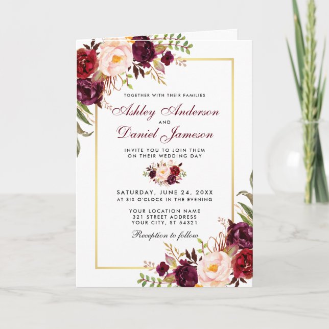 Carte All In One Floral Bourgogne Mariage Photo Invitati (Devant)