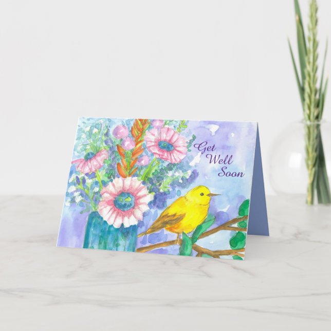 Carte Allez-Y Bientôt Bouquet Fleur Oiseau Jaune (Devant)