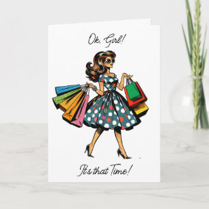 Carte Allons faire du shopping ! Femme amusante avec des