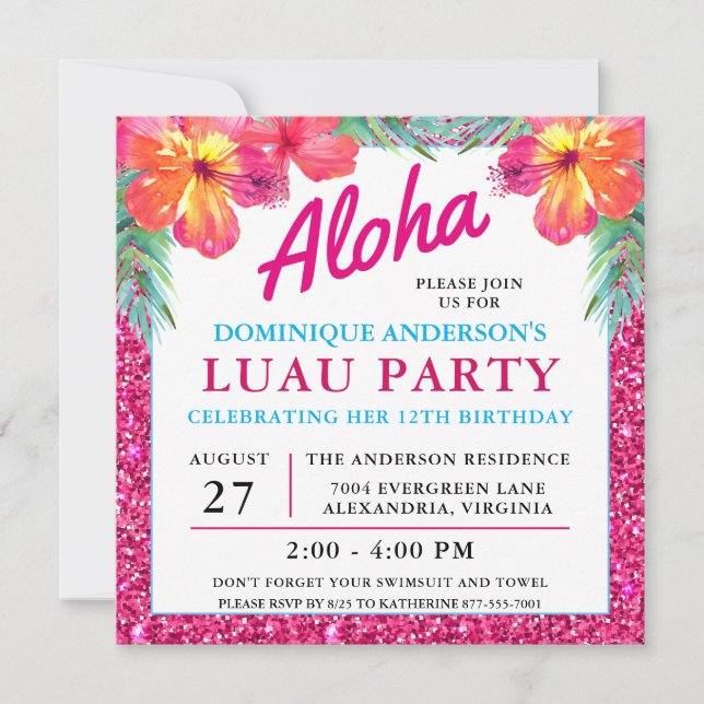 Carte Aloha Hawaiian Luau Hibiscus Parties scintillant r (Devant)