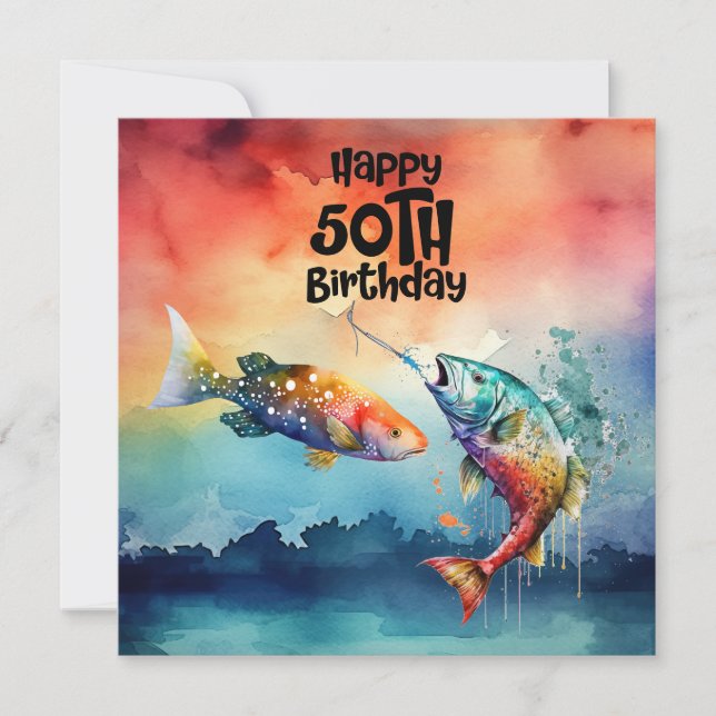 Carte Amateurs de pêche 50e anniversaire Poisson aquarel (Devant)