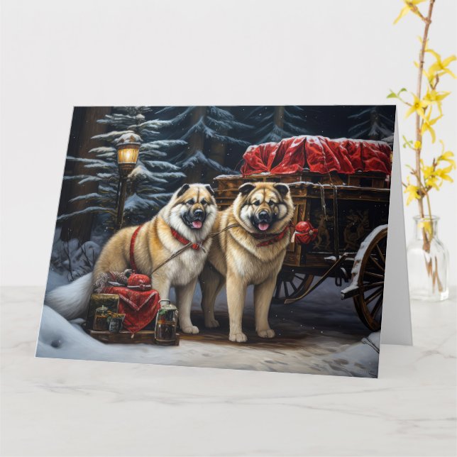 Carte American Akita Snowy Sleigh Ride Décor de Noël (Fleur jaune)