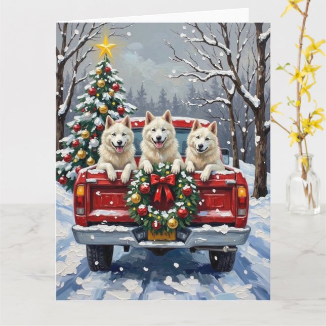 Carte American Eskimo Dog Christmas Red Truck Holiday (Fleur jaune)