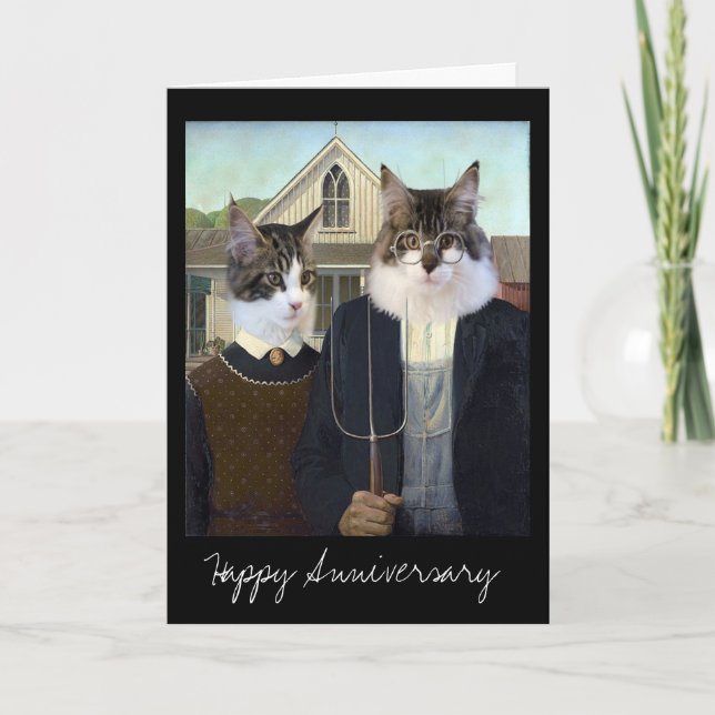 Carte American gothique drôle anniversaire de chat (Devant)