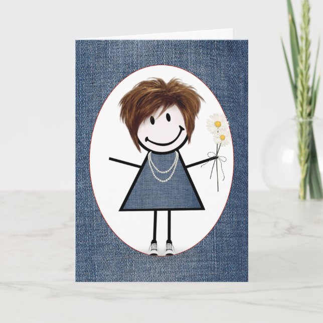 Carte Ami Anniversaire Stick Figure Girl avec marguerite (Devant)