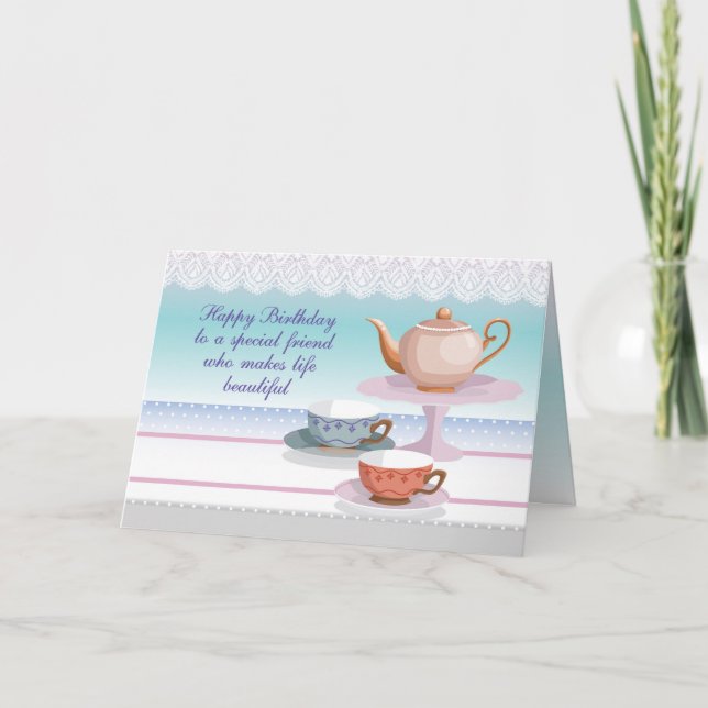 Carte Ami Anniversaire Teapot et Teacups, Religieux (Devant)