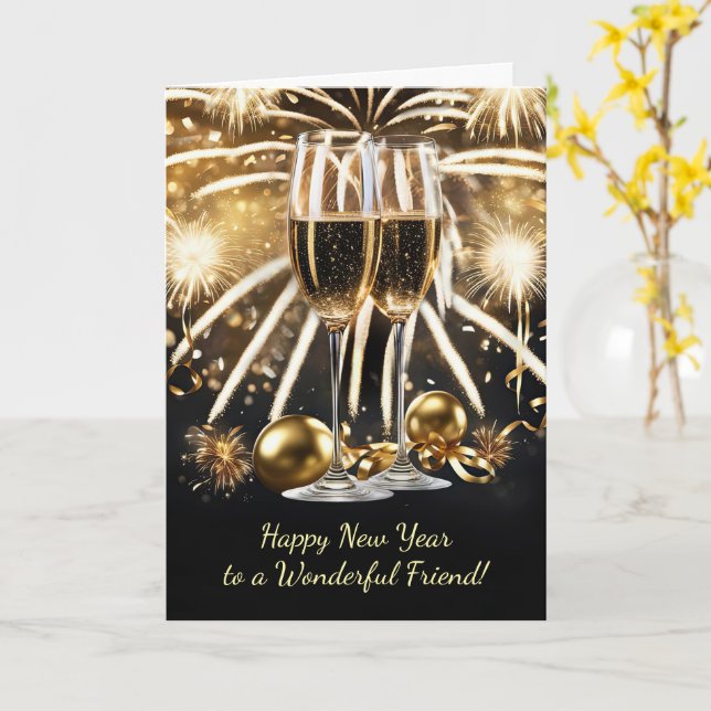 Carte Ami Bonne année Champagne Bubbly Fireworks (Fleur jaune)