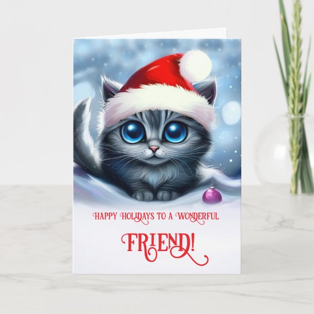 Carte Ami Joyeux vacances avec Noël mignon Kitten (Devant)
