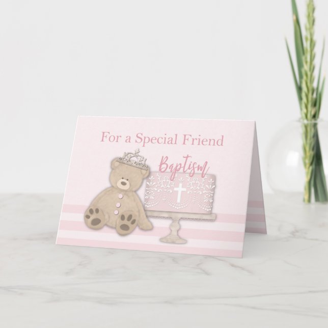 Carte Ami Pink Baptism Cake Teddy Bear et Tiara (Devant)