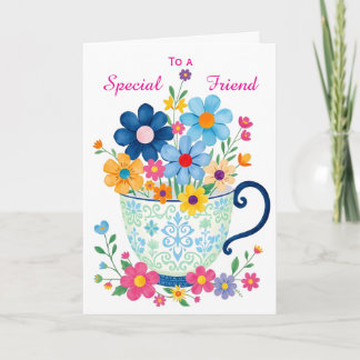 Carte Ami Spécial Théière & Fleur Anniversaire